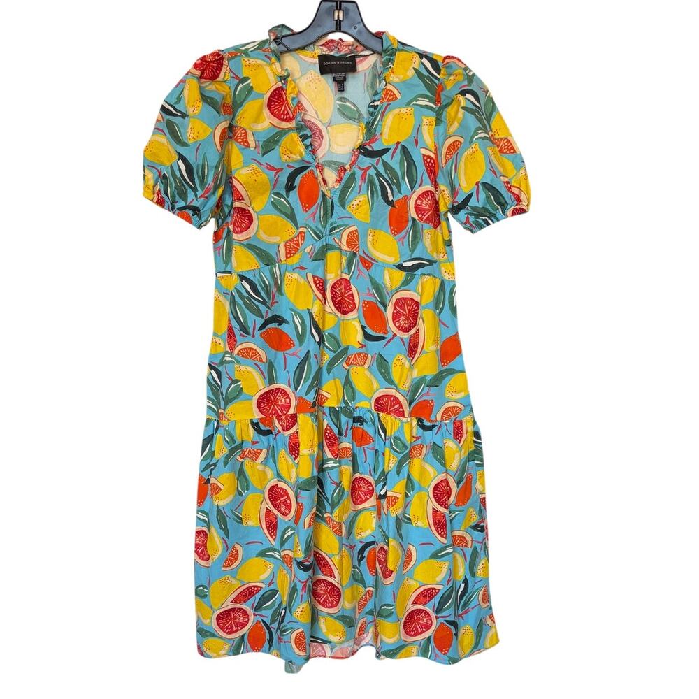 Donna Morgan All Over Fruit Print Puff Sleeve Tiered Cotton Midi Dress size 8